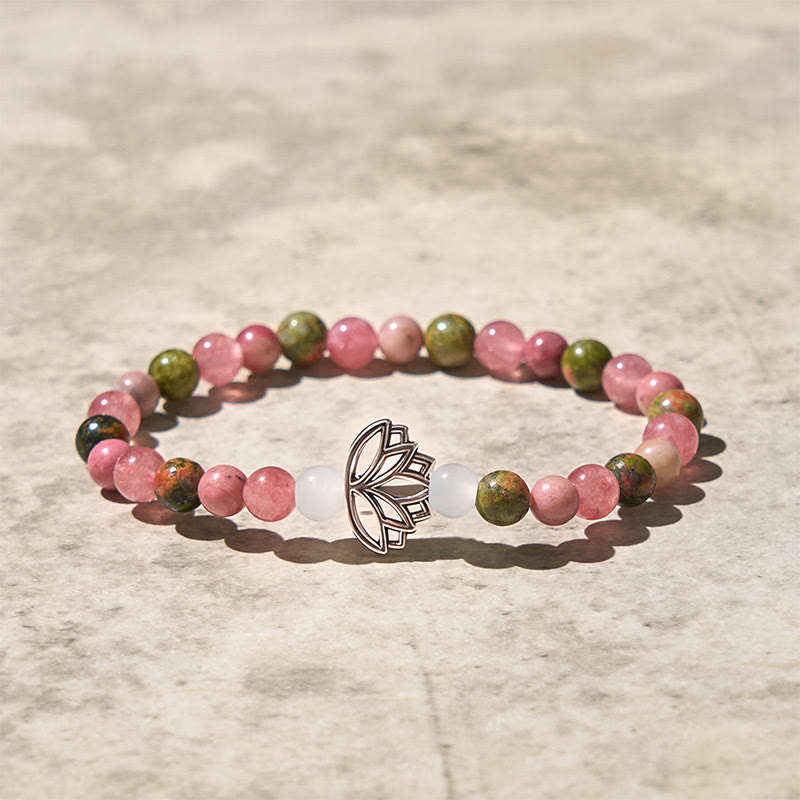Lotus flower gemstone stretch bracelet with natural pink and green stone beads, bohemian crystal jewelry