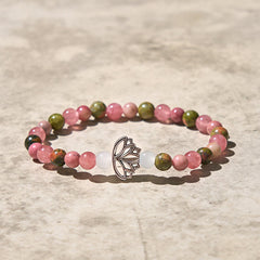 Lotus flower gemstone stretch bracelet with natural pink and green stone beads, bohemian crystal jewelry