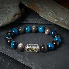 Silver Sheen Obsidian Blue Tiger Eye Bracelet - tri-color beads on dark slate with gold pixiu mantra charm, mens spiritual healing jewelry