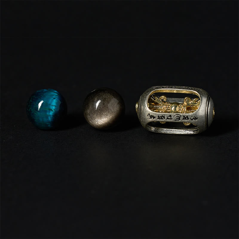 Blue Tiger Eye Silver Obsidian Bracelet Components - blue bead, dark obsidian bead, silver gold mantra charm with gold lion figure, bead jewelry