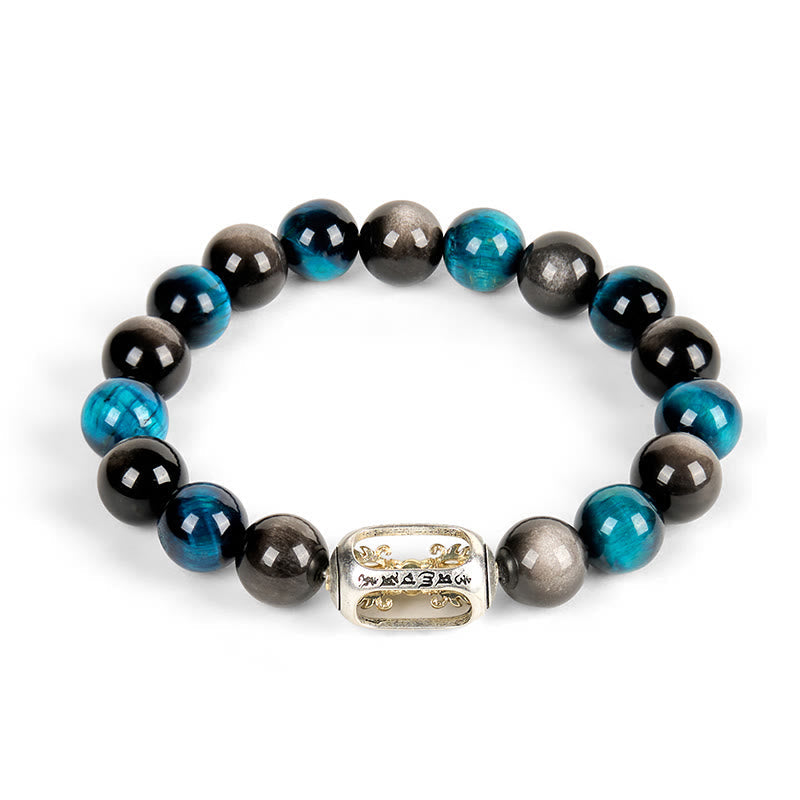 Silver Obsidian Blue Tiger Eye Om Bracelet - white background flat lay, Tibetan mantra charm with gold cloud motifs, mens spiritual bead bracelet