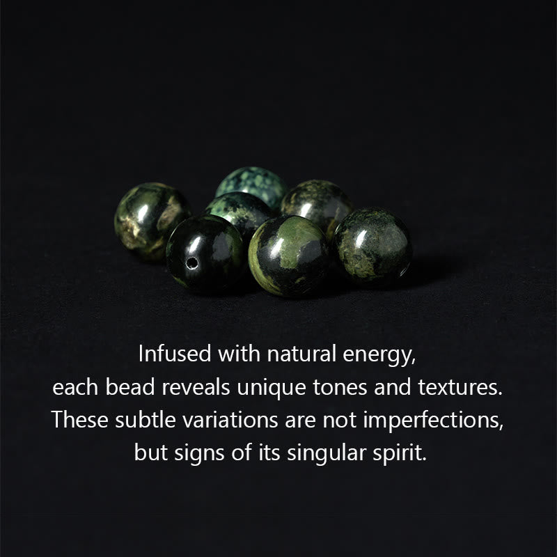 Grey Jasper Om Mani Padme Hum Formless Buddha Bracelet – scattered jasper beads black background natural energy text, texture