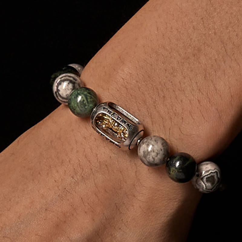 Grey Jasper Om Mani Padme Hum Formless Buddha Bracelet – wrist closeup silver mantra charm grey jasper beads, wrist-wear