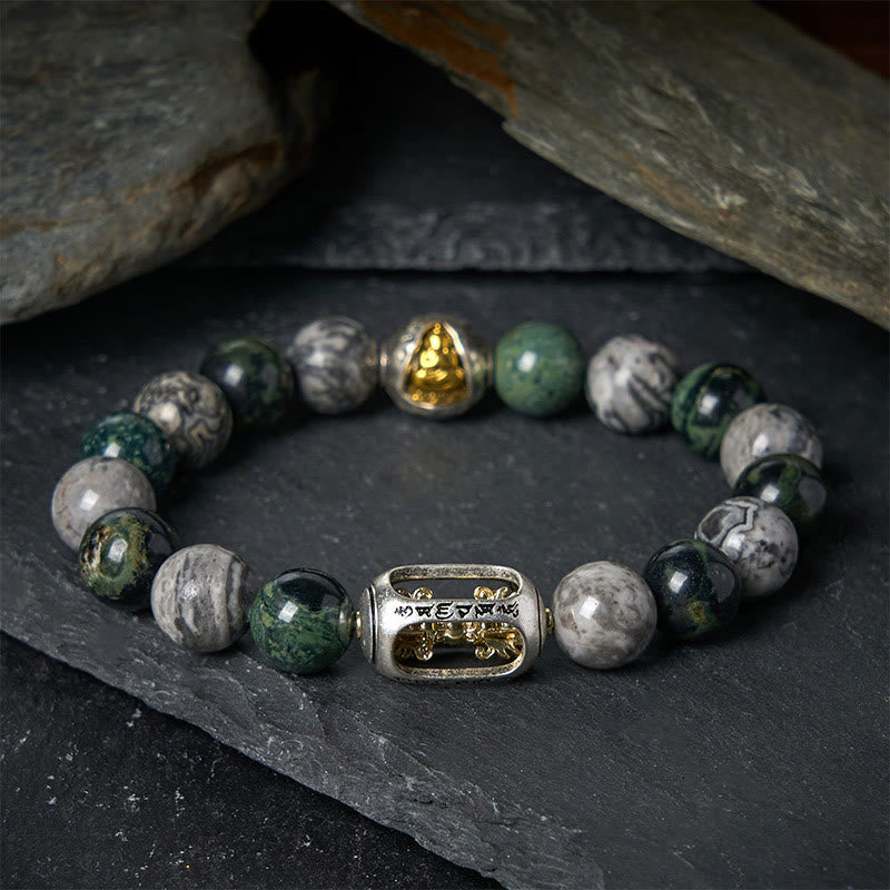 Grey Jasper Om Mani Padme Hum Formless Buddha Bracelet – front dark slate gold Buddha silver mantra charms, natural-light