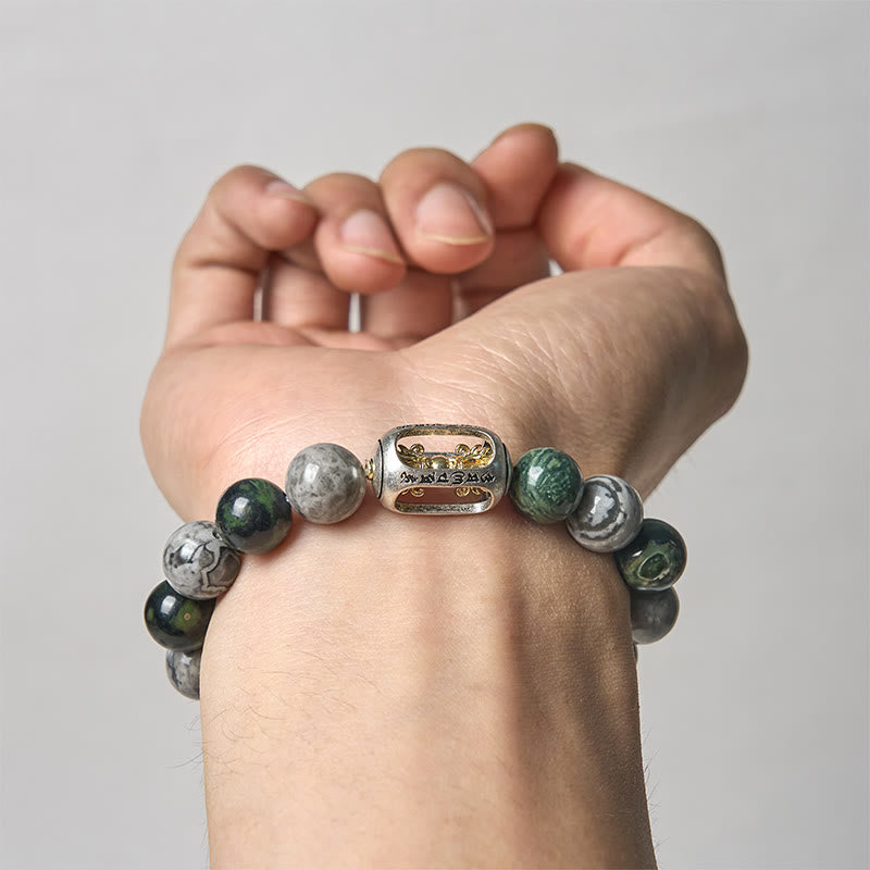 Grey Jasper Om Mani Padme Hum Formless Buddha Bracelet – wrist wear light background charm detail and pattern, wrist-wear