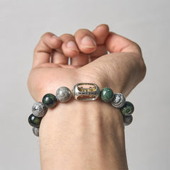 Grey Jasper Om Mani Padme Hum Formless Buddha Bracelet – wrist wear light background charm detail and pattern, wrist-wear