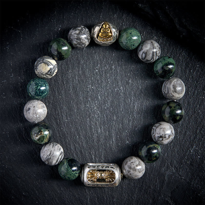 Grey Jasper Om Mani Padme Hum Formless Buddha Bracelet – flatlay black slate circle of patterned grey green beads, flatlay