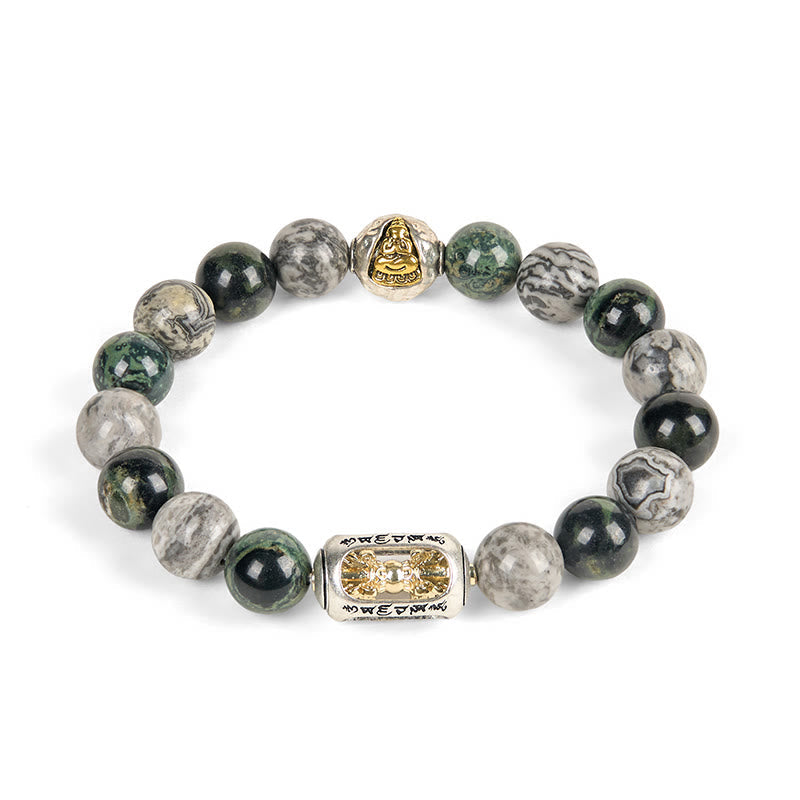 Grey Jasper Om Mani Padme Hum Formless Buddha Bracelet – front view white gold Buddha engraved silver barrel, studio