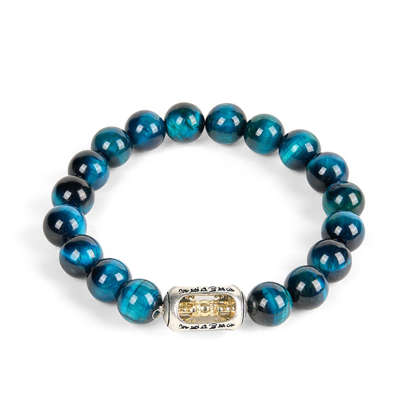 Blue Tiger Eye Om Mani Padme Hum Bracelet - white background flat lay, gold Buddha charm with Tibetan script, mens healing bracelet
