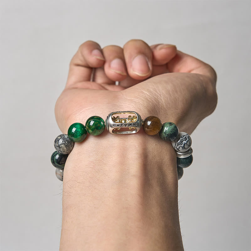 Grey Jasper Tiger Eye Bracelet – Worn on hand against light background showing full beaded composition, natural stone jewelry