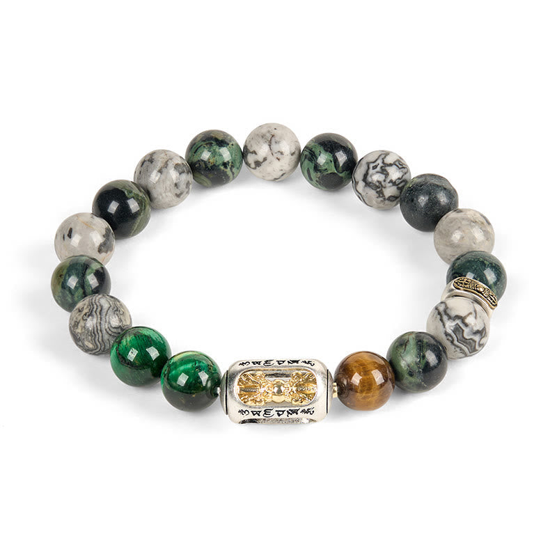 Grey Jasper Tiger Eye Bracelet – White background flat lay with full circular bead arrangement, gemstone bracelet