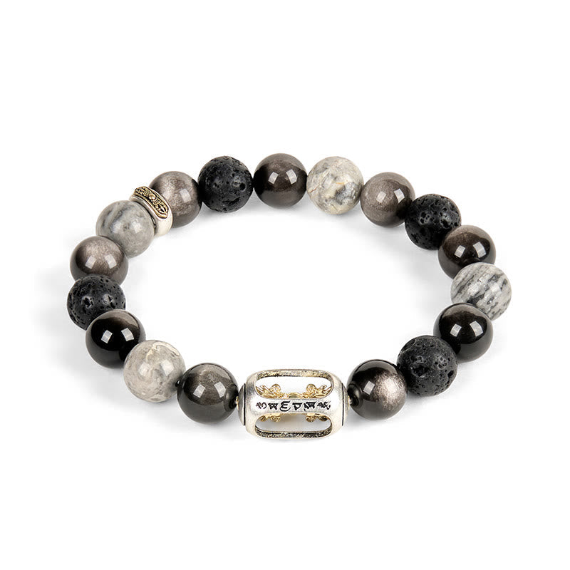 Silver Sheen Obsidian Lava Rock Vajra Bracelet – Full circle on white background, natural stone beaded bracelet