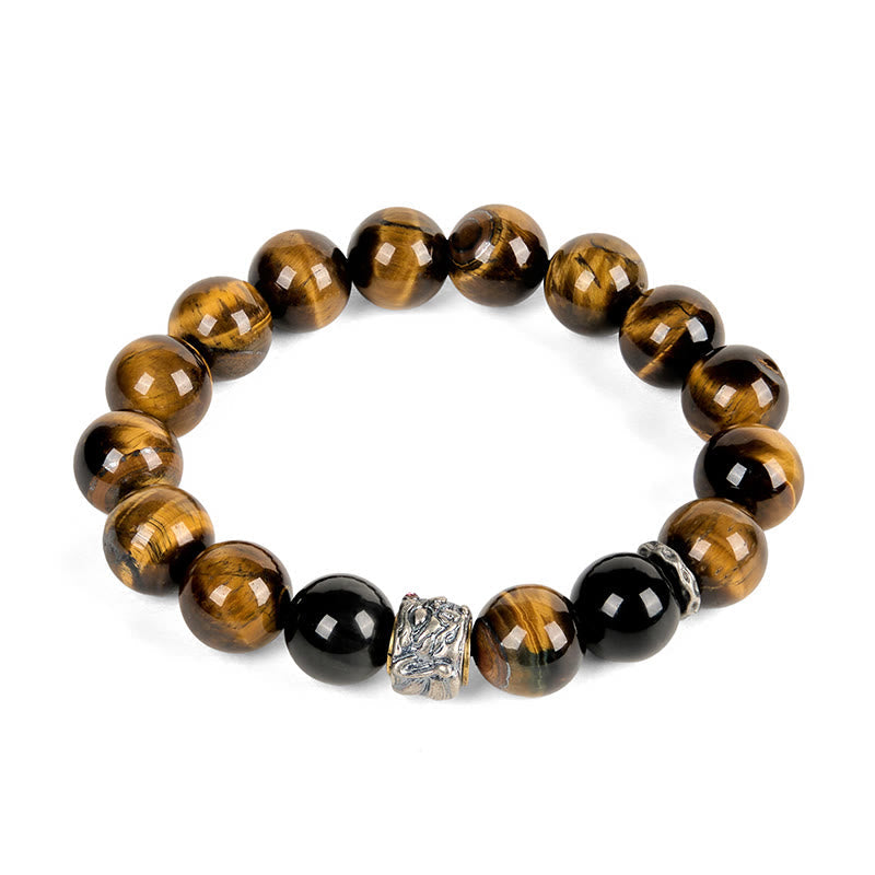 Tiger Eye Silver Sheen Obsidian Buddha Bracelet – white background front full circle tiger eye obsidian silver Buddha, studio