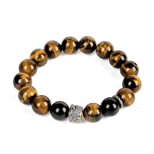 Tiger Eye Silver Sheen Obsidian Buddha Bracelet – white background front full circle tiger eye obsidian silver Buddha, studio
