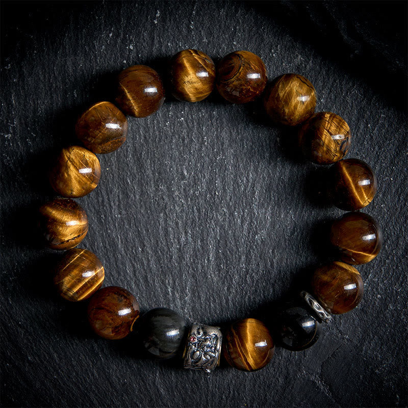 Tiger Eye Silver Sheen Obsidian Buddha Bracelet – flat-lay dark stone circle tiger eye obsidian silver Buddha bead, flatlay