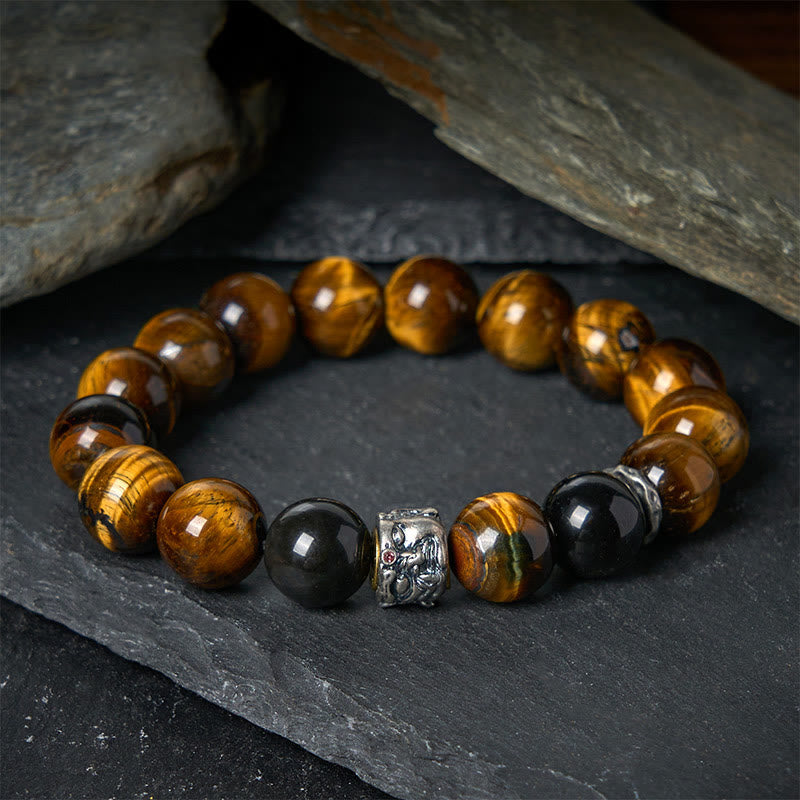 Tiger Eye Silver Sheen Obsidian Buddha Bracelet – front on slate with tiger eye silver Buddha bead and obsidian, front-view