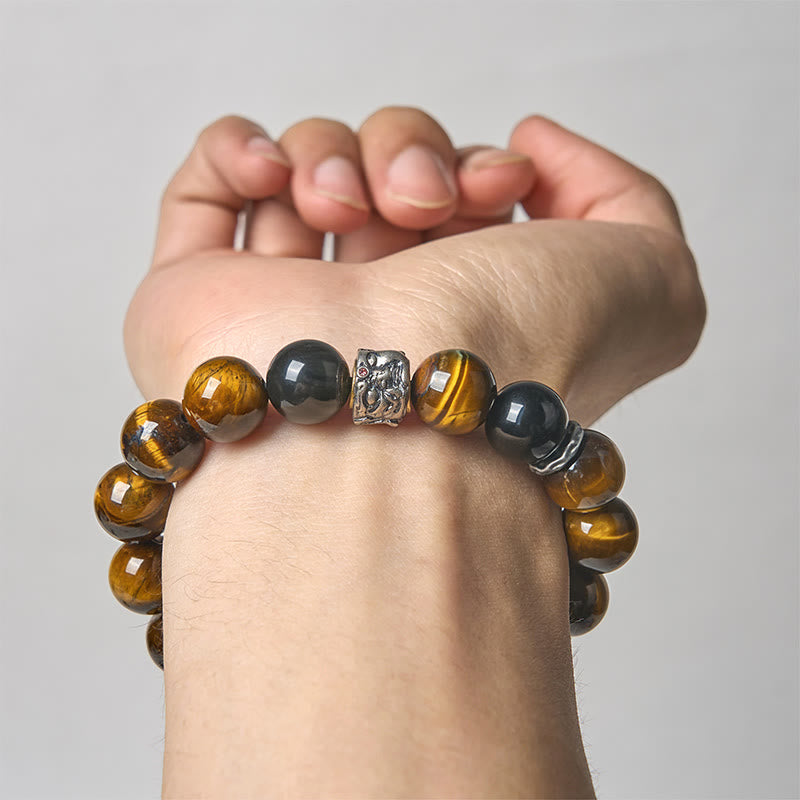 Tiger Eye Silver Sheen Obsidian Buddha Bracelet – on wrist white background tiger eye obsidian silver Buddha, model-wear