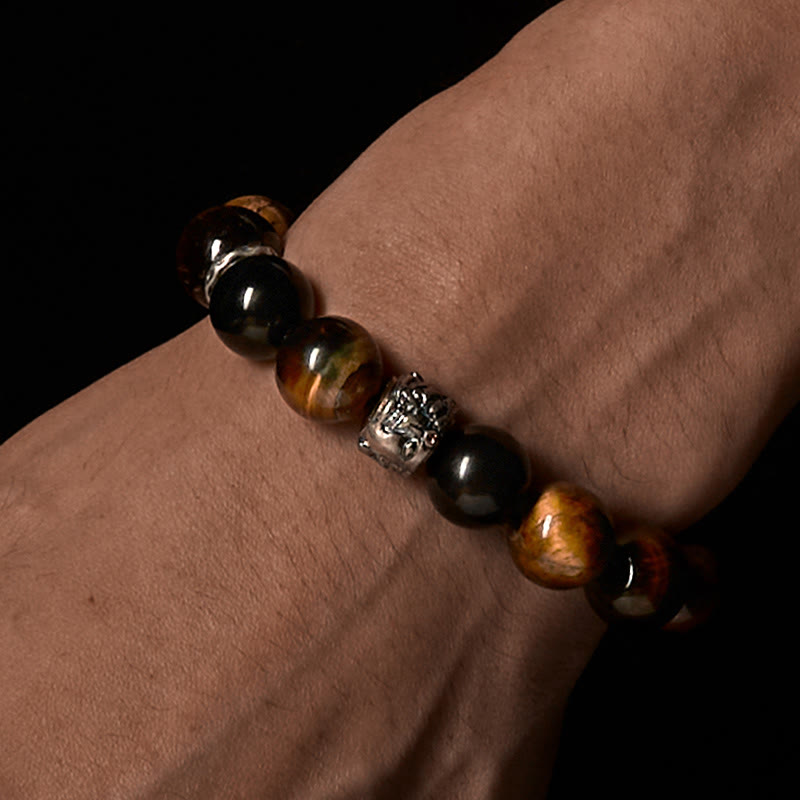 Tiger Eye Silver Sheen Obsidian Buddha Bracelet – side closeup male wrist tiger eye obsidian silver Buddha charm, wrist-wear