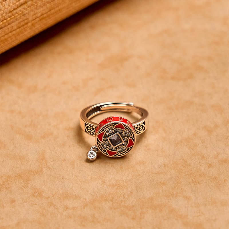 Copper Prayer Wheel Ring - Rear view showing adjustable band scrollwork and coin-shaped medallion top, Chinese coin ring
