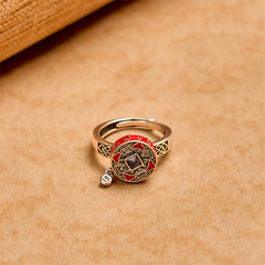 Copper Prayer Wheel Ring - Rear view showing adjustable band scrollwork and coin-shaped medallion top, Chinese coin ring