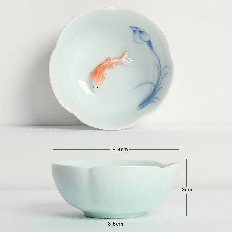 Koi Fish & Lotus Tea Cup – Koi and aquatic plants interior with scalloped rim, kung fu tea cup