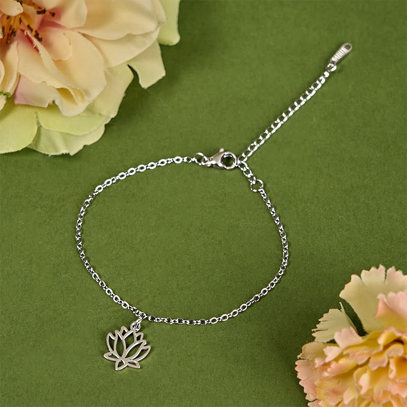 Lotus Titanium Steel Bracelet – silver lotus pendant on green, delicate chain