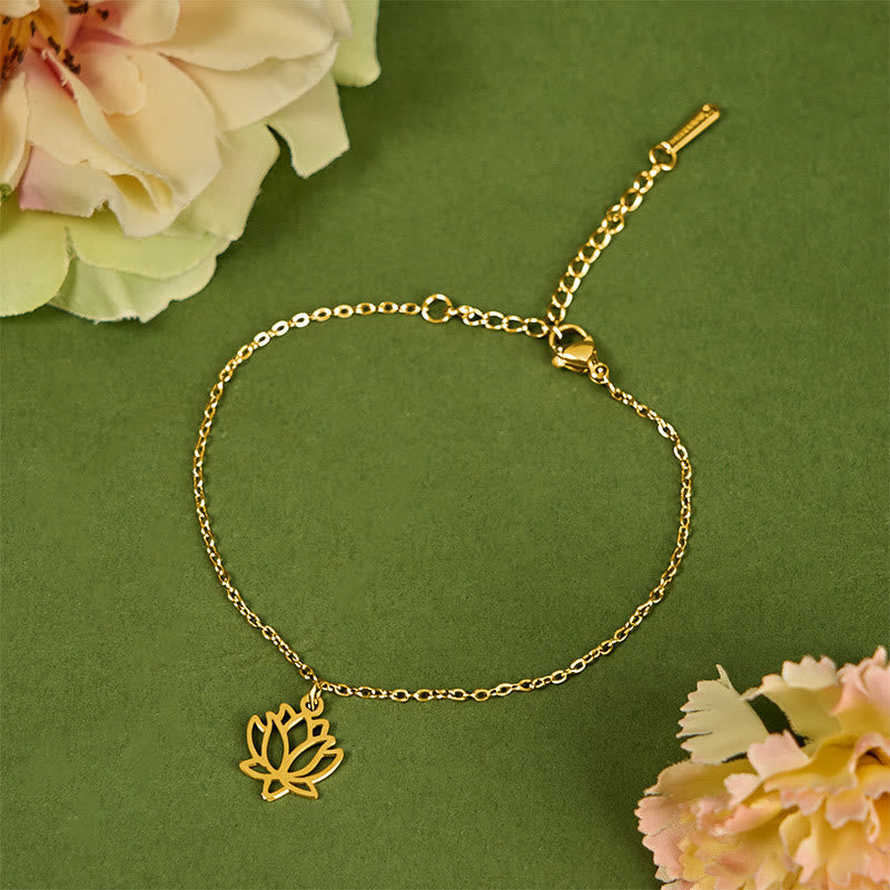 Lotus Titanium Steel Bracelet – gold lotus pendant on green, delicate chain