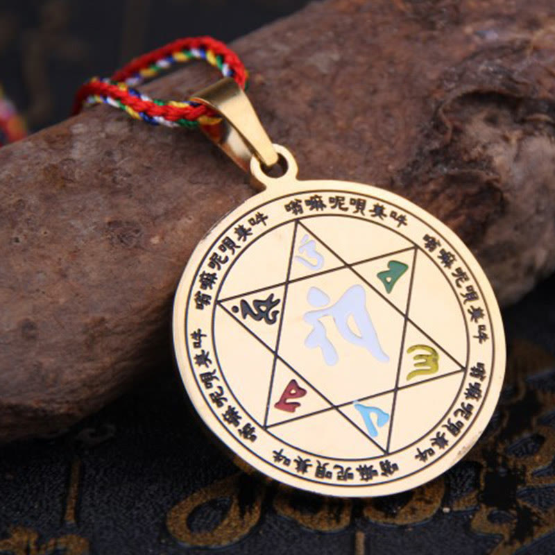 Om Mani Padme Hum Pendant Necklace – gold-tone hexagram star pendant with mantra inlay on colorful cord, Buddhist gift