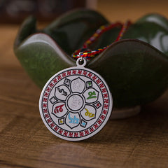 Om Mani Padme Hum Pendant Necklace – lotus mandala medallion with colored enamel on rainbow cord, Tibetan mantra necklace