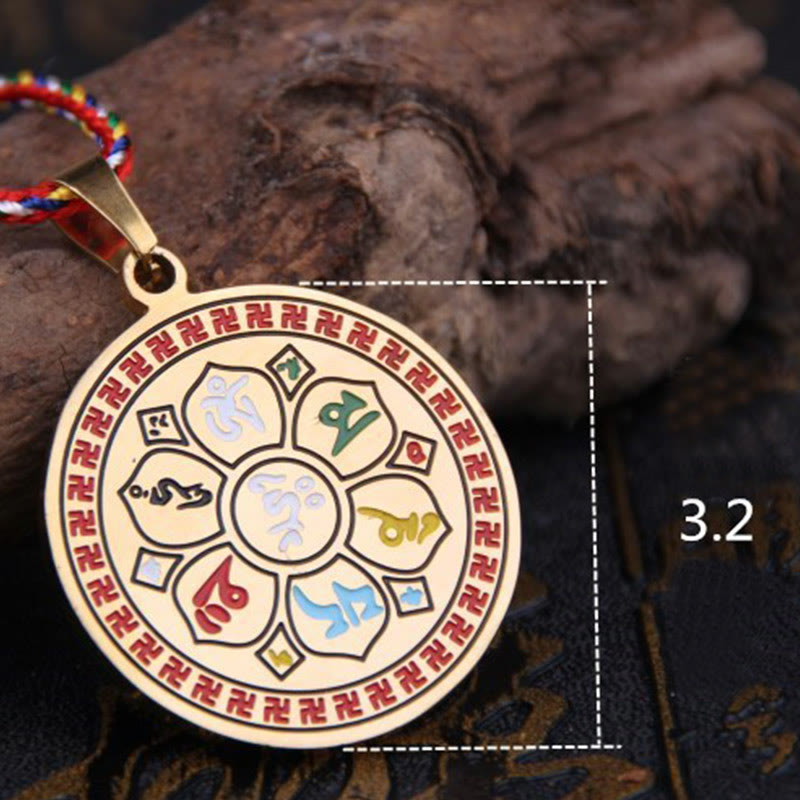 Om Mani Padme Hum Pendant Necklace – gold-tone swastika border medallion on weathered dark wood, mantra amulet