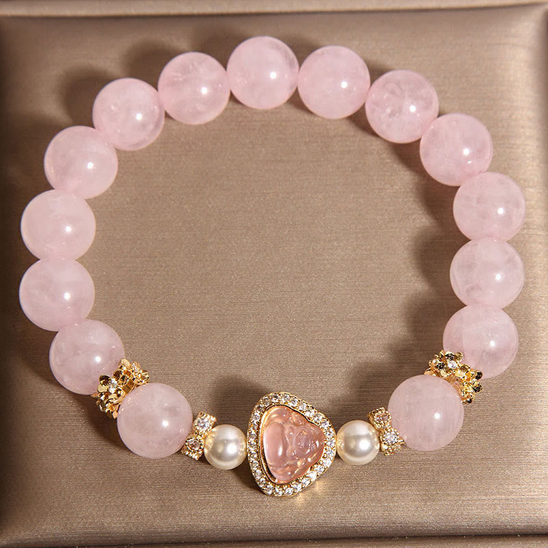 Pink Crystal Pearl Buddha Bracelet – overhead flatlay of full bracelet circle in brown display box, flatlay