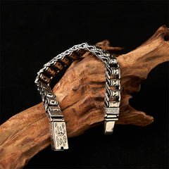 Copper Auspicious Clouds Om Mani Padme Hum Bracelet – Engraved barrel links on neutral fabric, copper men’s jewelry