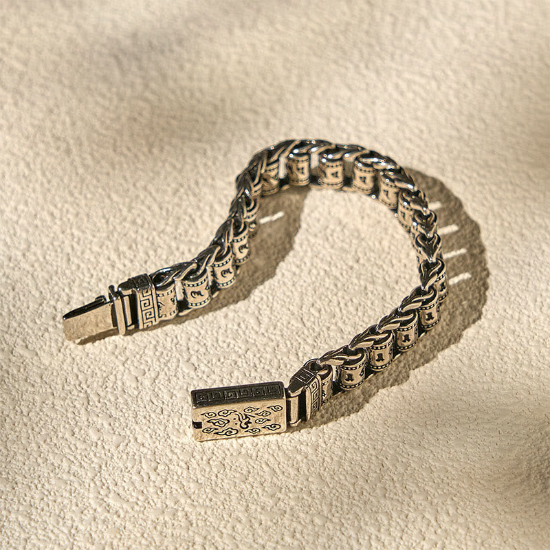 Copper Auspicious Clouds Om Mani Padme Hum Bracelet – Open curve showing all links, copper artisan men’s bracelet
