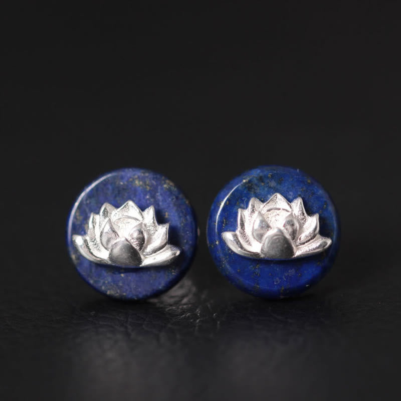 Lapis Lazuli Lotus Earrings – frontal pair view showing silver lotus on deep blue stone, sterling silver studs