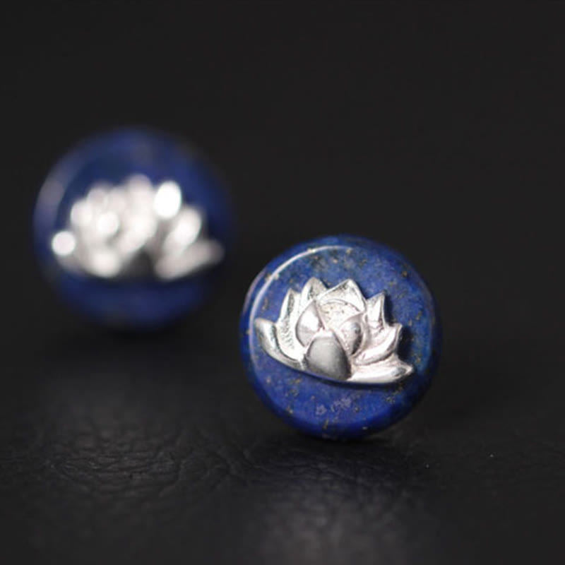 Lapis Lazuli Lotus Studs – macro close-up of silver lotus motif on royal blue lapis stone, earring pair