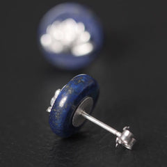 925 Silver Lotus Earrings – side profile view of lapis lazuli disc with sterling silver post, blue gemstone studs