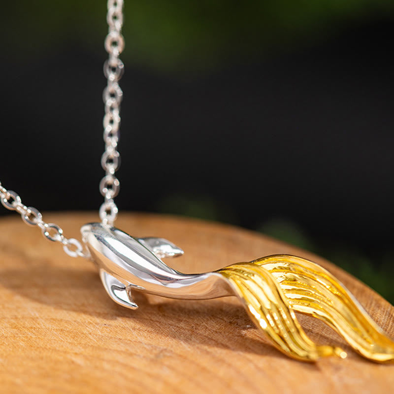 Silver Golden Koi Fish Luck Necklace – macro koi pendant on natural wood, two-tone silver and gold detail
