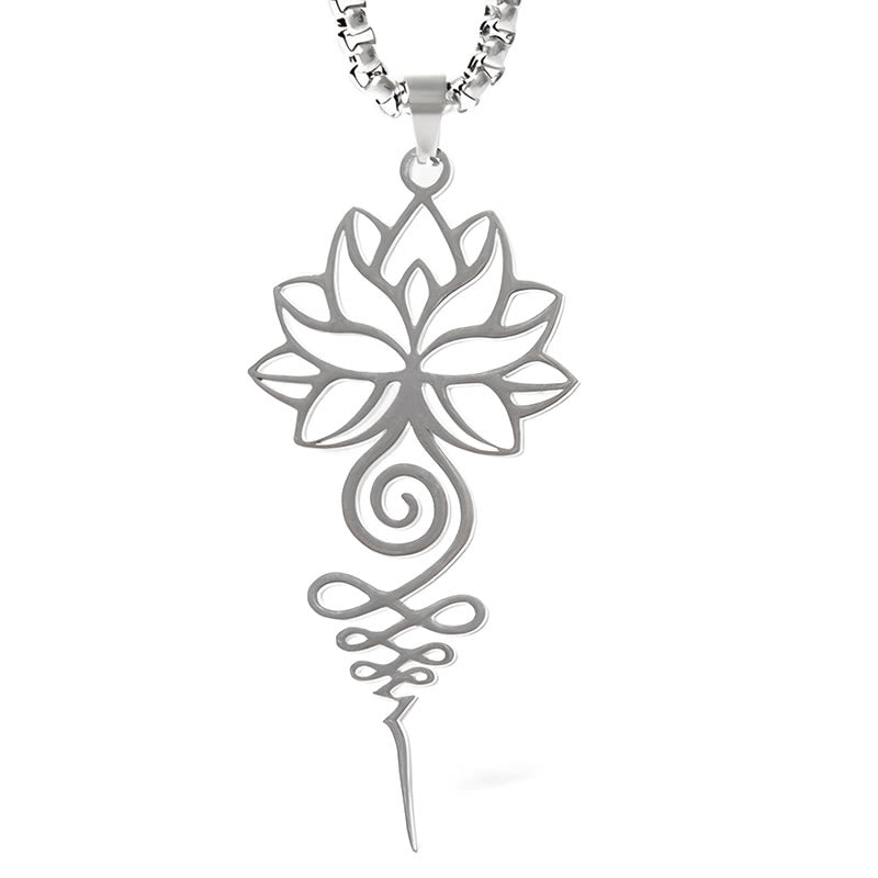 Lotus Unalome Chakra Necklace – Silver openwork lotus and unalome on white background, enlightenment symbol