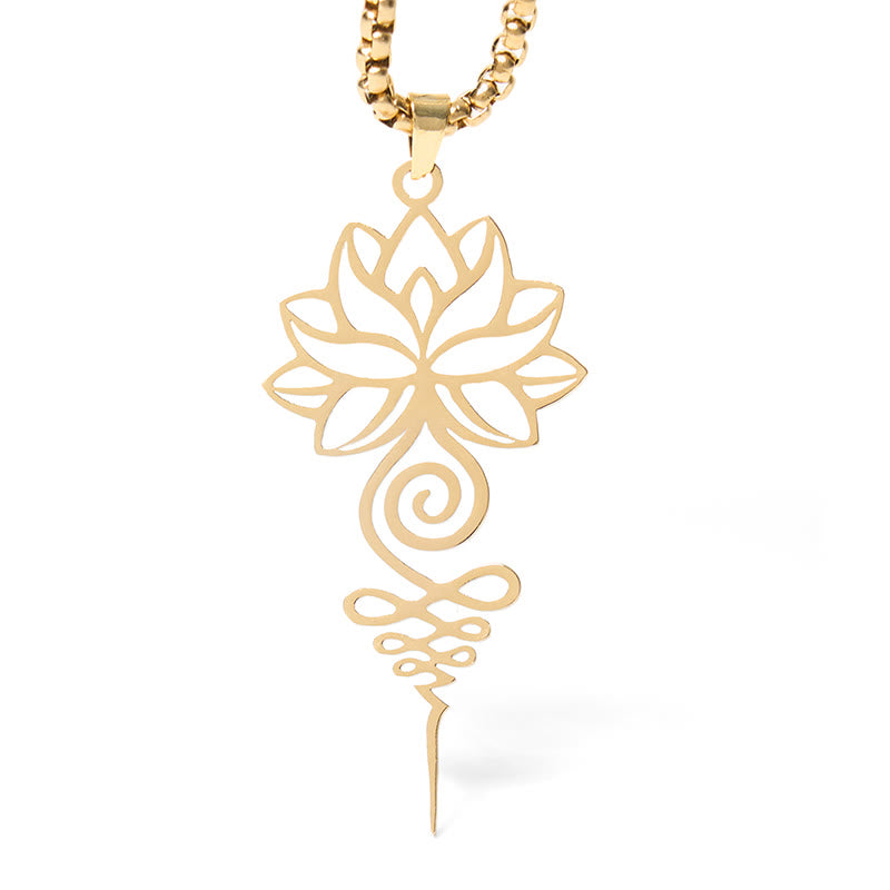 Lotus Unalome Necklace – Gold openwork lotus and unalome path symbol on white, chakra enlightenment pendant