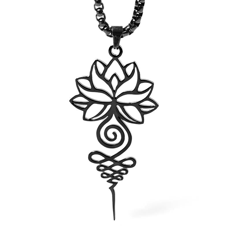 Lotus Unalome Necklace – Black openwork lotus and unalome symbol on white, chakra enlightenment necklace