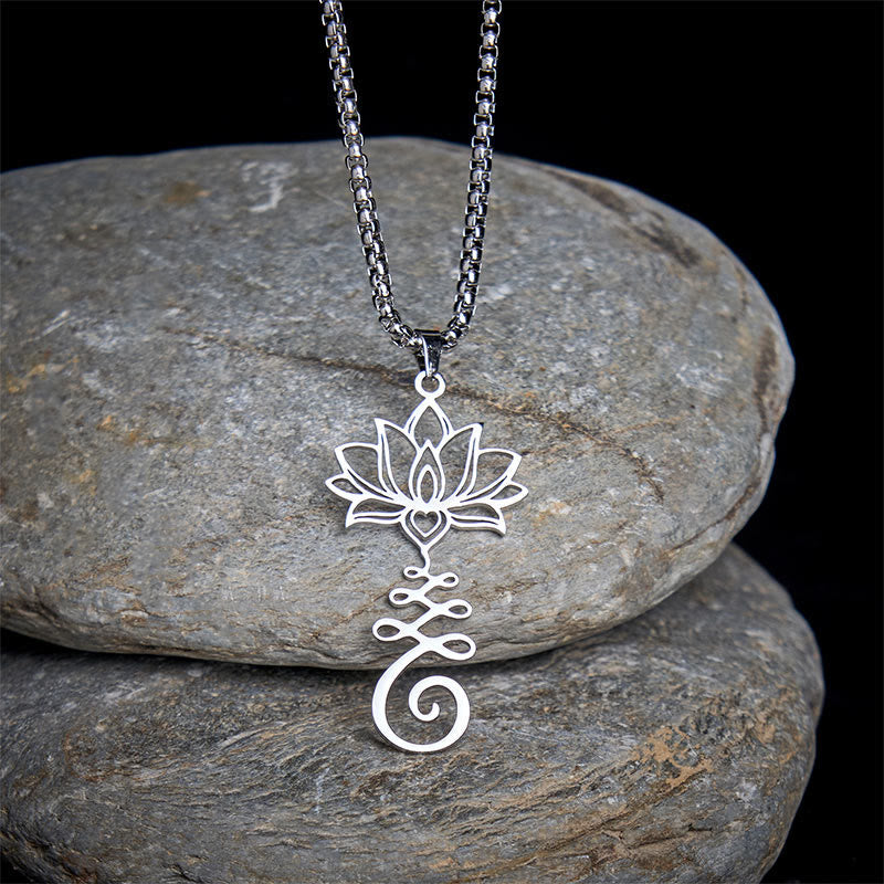 Chakra Lotus Necklace – Silver lotus-unalome pendant with heart detail on zen stones, chakra jewelry