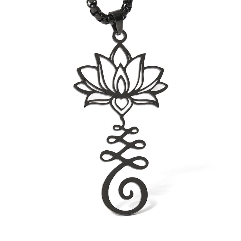 Chakra Lotus Necklace – Black lotus heart pendant on white background, black enlightenment necklace