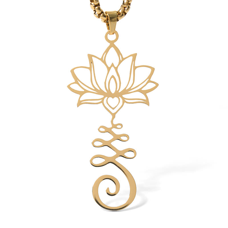 Chakra Lotus Necklace – Gold lotus heart pendant on white background, gold chakra necklace