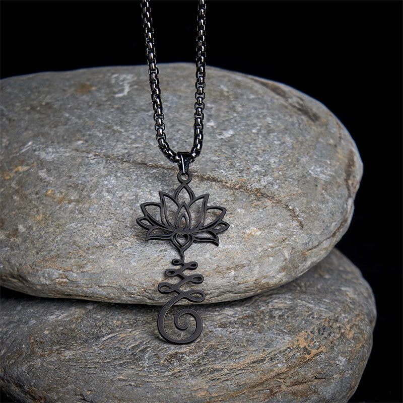 Chakra Lotus Necklace – Black lotus-unalome pendant with heart on zen stones, black chakra necklace