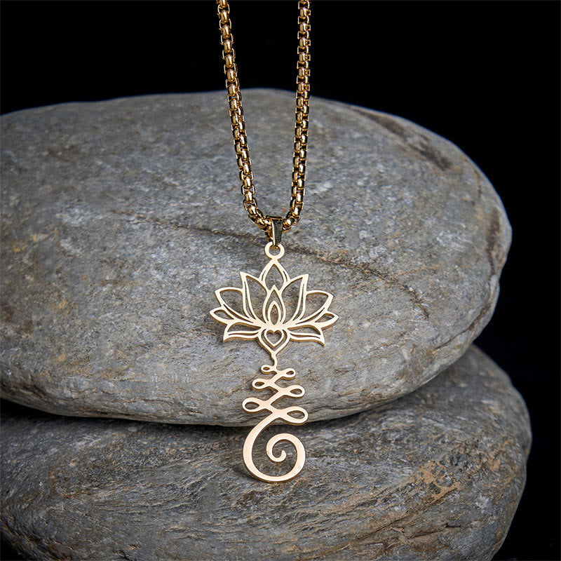 Chakra Lotus Necklace – Gold lotus-unalome pendant with heart on zen stones, gold chakra necklace