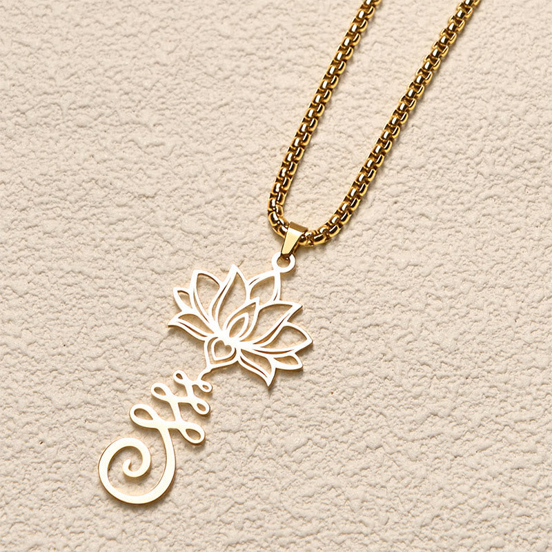 Chakra Lotus Necklace – Gold lotus-Life script pendant at angled view, spiritual life necklace