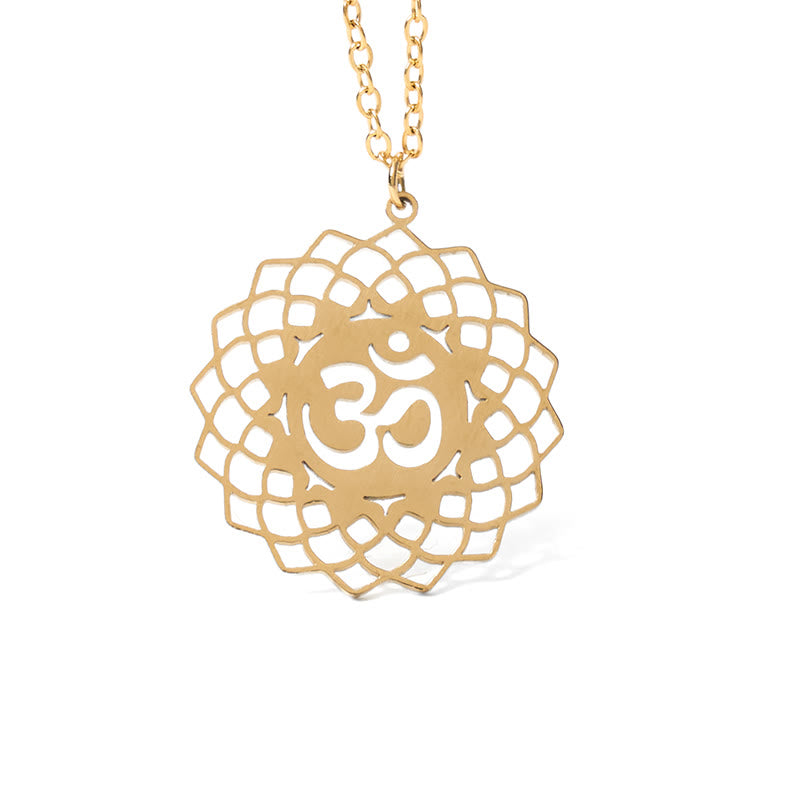 Gold Om necklace with lotus flower mandala, stainless steel pendant