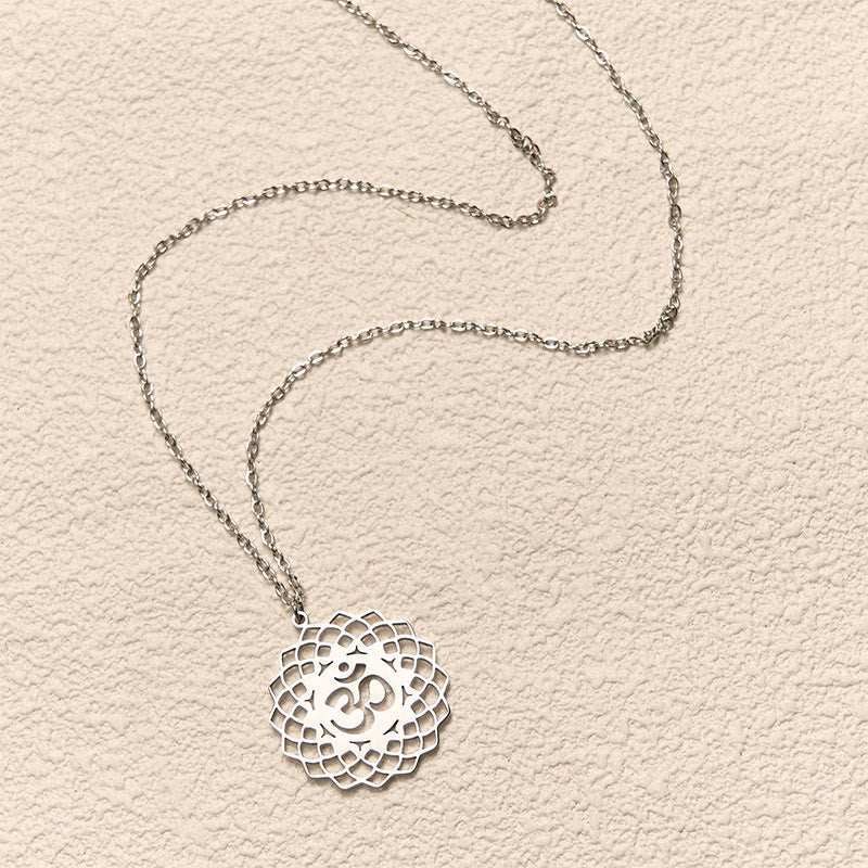 Silver Om symbol lotus pendant, delicate openwork chain necklace