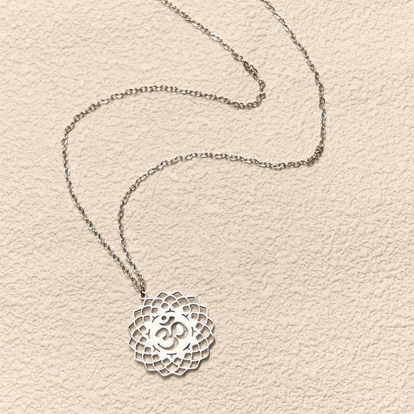 Silver Om symbol lotus pendant, delicate openwork chain necklace