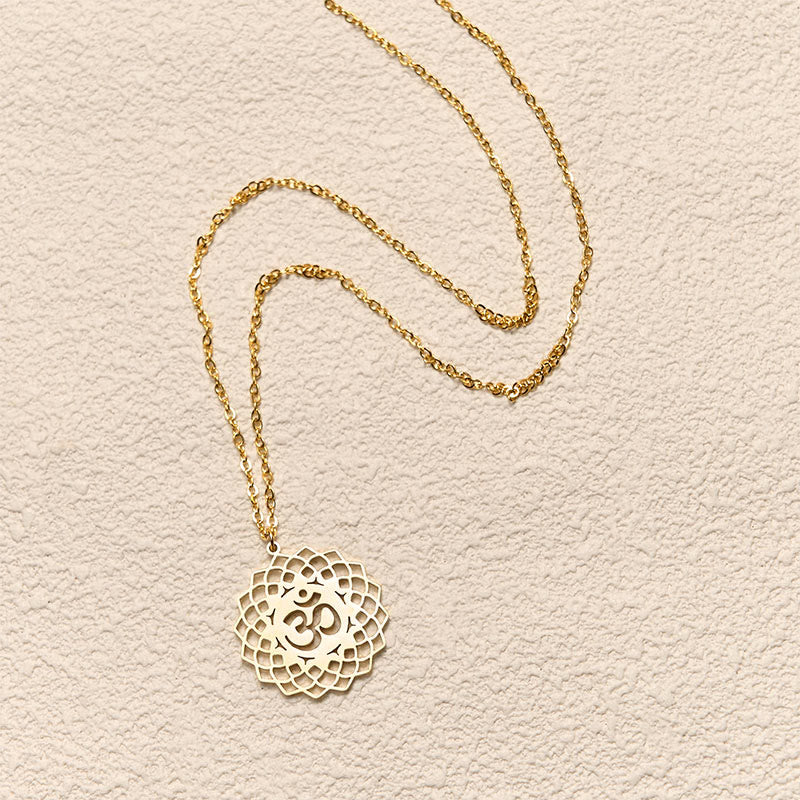 Gold lotus mandala pendant with Om symbol, delicate chain necklace